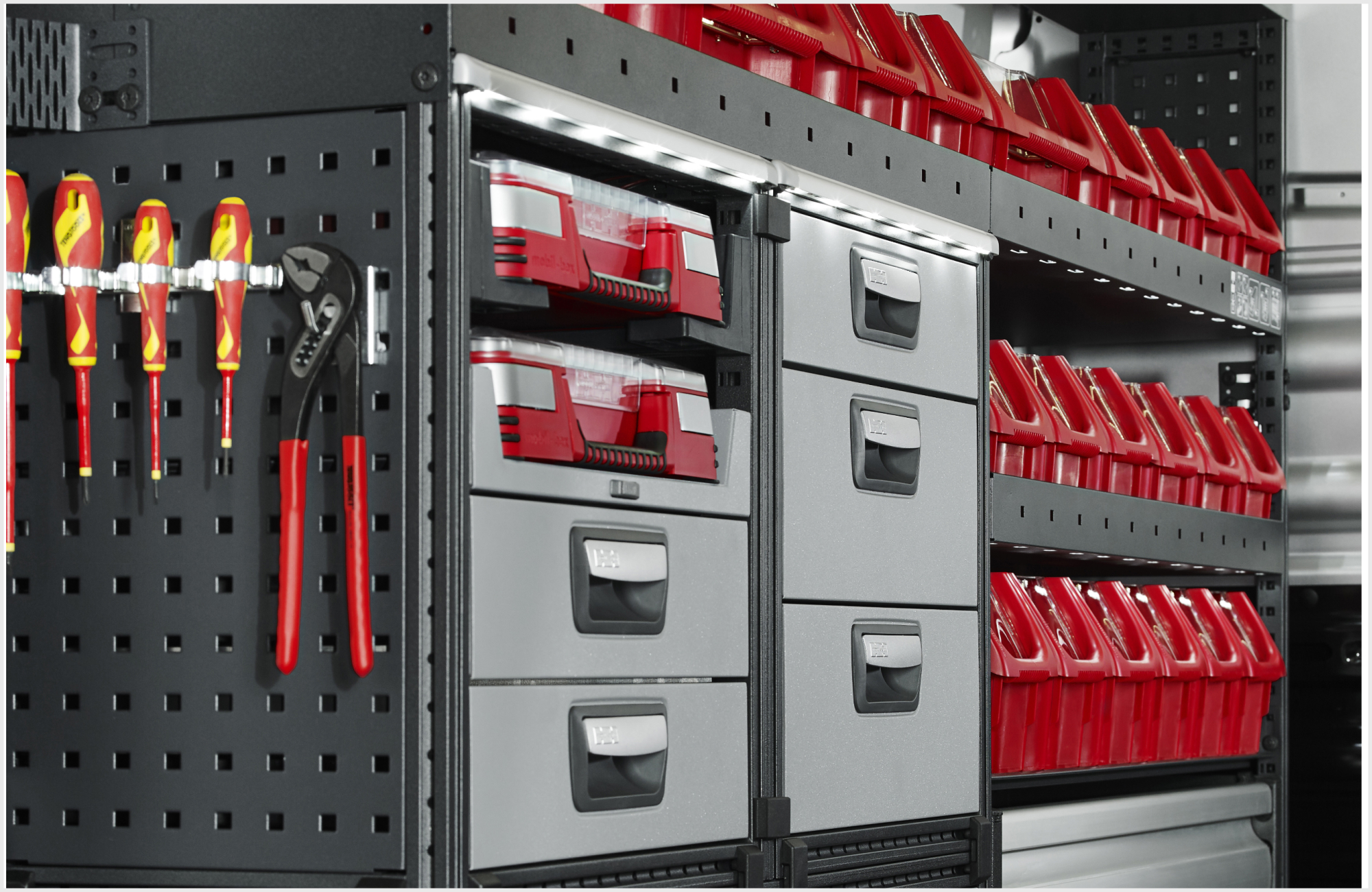 Modul-System racking with drawer, drawer lights and accessories.